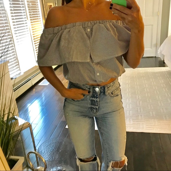 iris Tops - IRIS blue white stripe off the shoulder shirt M